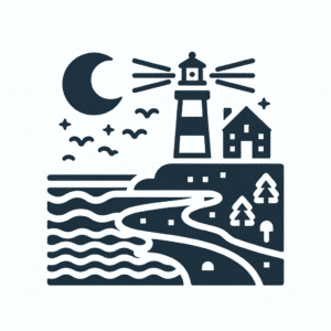 dall·e 2023 10 26 08.33.26 simple single color vector icon symbolizing coastal management with elements like a lighthouse on a coast
