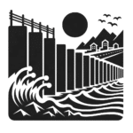 dall·e 2023 10 26 08.33.42 monochrome vector icon that depicts a protective barrier or seawall on a coastline, representing coastal management
