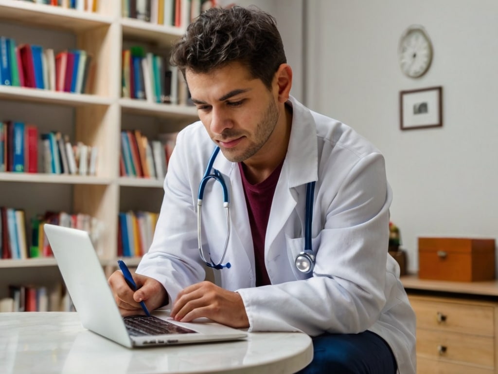 Profesional del cuidado de adultos mayores estudiando EN LINEA